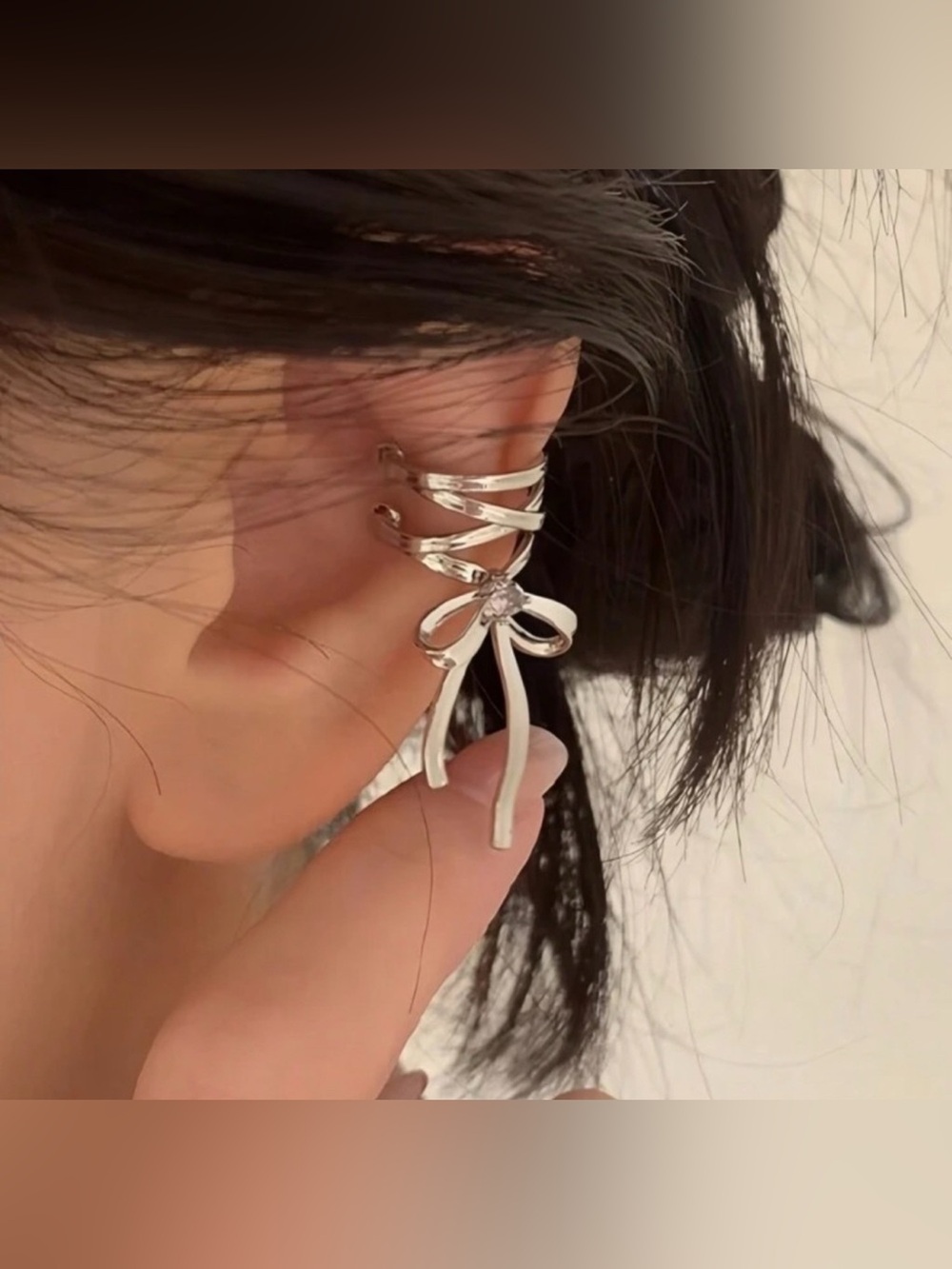 Silver Bow Wrap with CZ Accent | Adjustable Statement 2pc Ear Cuffs - Picture 2 of 3